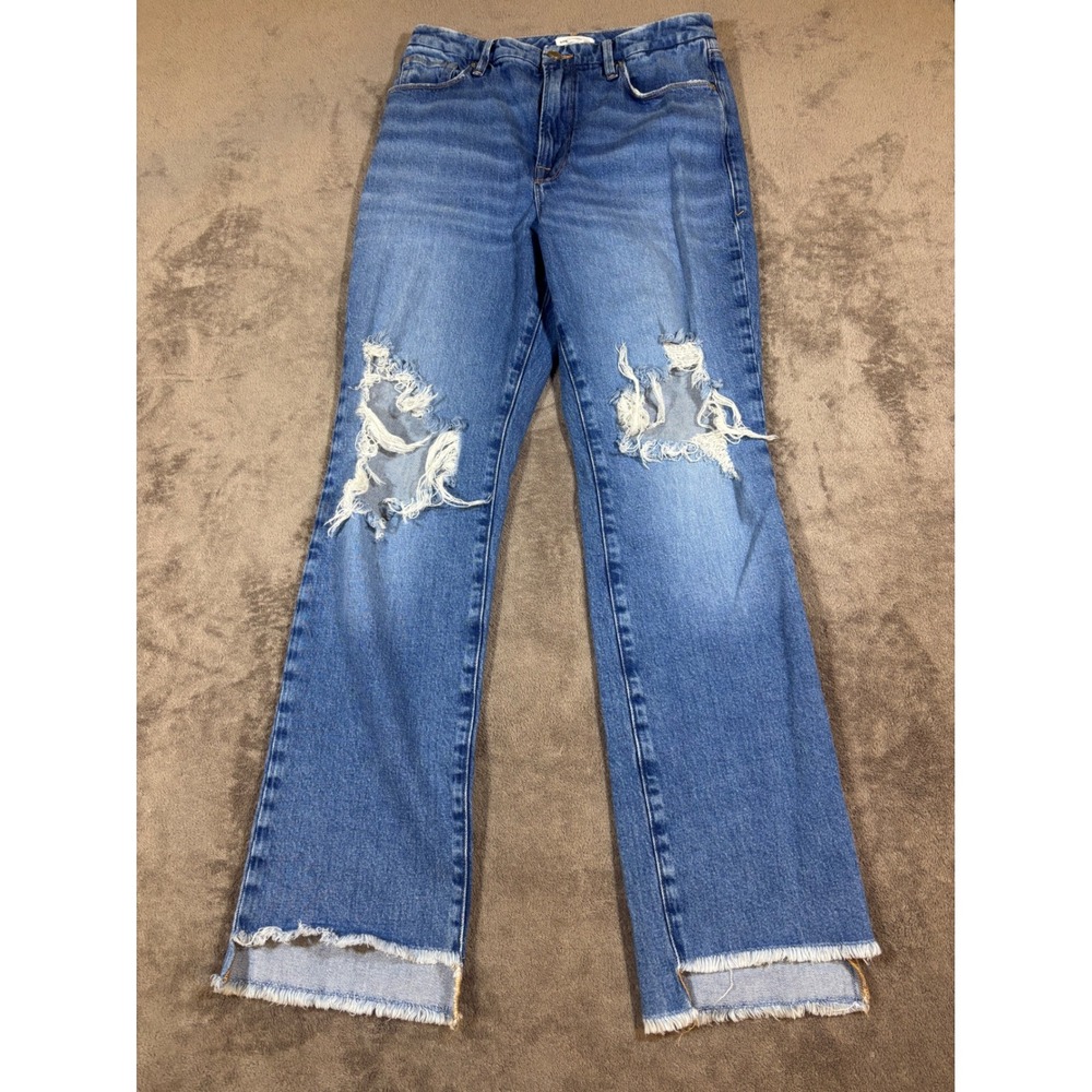 Good American Good Straight Distressed Jeans Blue High Rise Stepped Hem 8/29